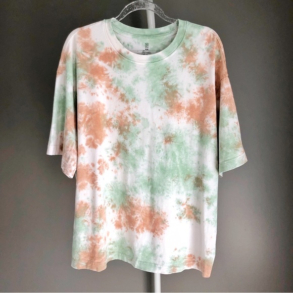 NOBO Artsy Oversized Pastel Green & Brown Tie Dye Effect Relaxed Fit T- Shirt. - Picture 3 of 12